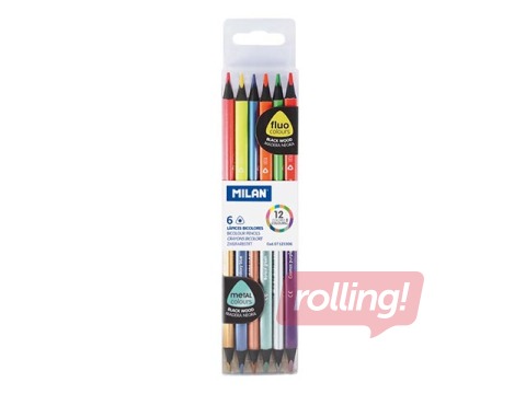 Double-ended colour pencils Milan,triangular, 12 colours (fluo + metallic)