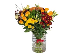 Ziedu pušķis ar krizantēmām, rozēm, lizantēm (diametrs apm. 35cm)