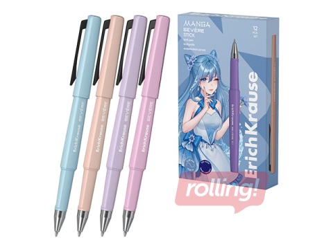 Lodīšu pildspalva Erich Krause, Manga,dažādas korpusa krāsas, zila, 0.7mm, 12 gab.