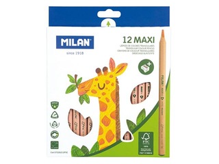Krāsainie zīmuļi MILAN 12 krāsas, trīsstūra, Maxi, dabīga koka