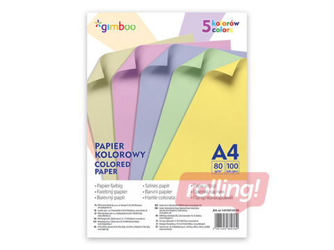 Krāsains papīrs Gimboo, A4, 80g/m2, 100 loksnes, 5 pasteļkrāsas