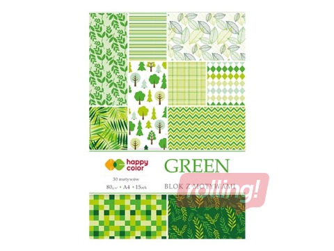 Dizaina papīrs ar motīvu Green, A4, 80g/m², 15 loksnes, 30 zaļi motīvi