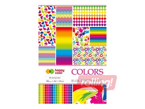 Dizaina papīrs ar motīvu Colors A4, 80 g/m2, 15 loksnes, 27 krāsaini motīvi