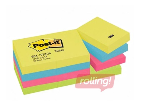 Līmlapiņas Post-it Energetic, 38x51mm, 12x100 lapiņas + AKCIJA! Pērc līmlapiņas un saņem dāvanu!
