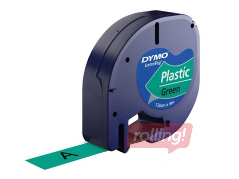 Marķēšanas lente Dymo, 12 mm x 4 m, plastikāta, melni burti uz zaļa fona