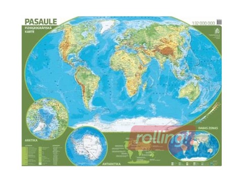 Pasaules fizioģeogrāfiskā sienas karte, 110 x 88,8 cm, laminēta, ar līstēm