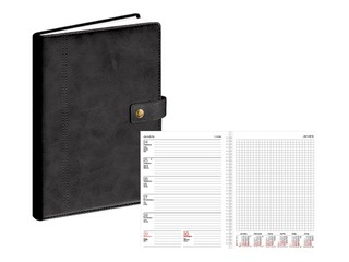 Dienasgrāmata Quadro ar spirāli un pogu, A5, mākslīgā āda, melna