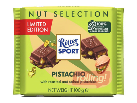 Šokolāde Ritter Sport, piena, ar sālītām pistācijām, 100g 