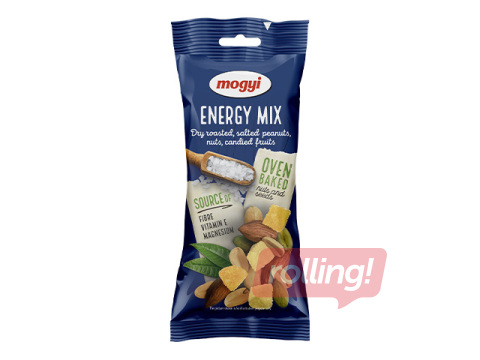 Riekstu maisījums Mogyi, Energy Mix, grauzdēti, sālīti rieksti, ķirbju sēklas un saldināti žāvēti augļi, 70g
