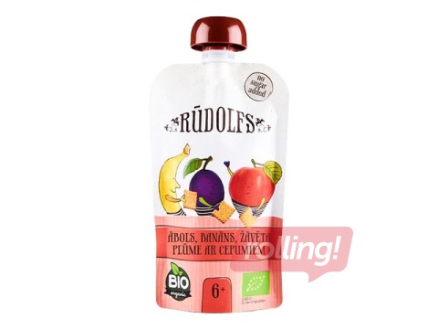 Biezenis Rūdolfs banānu, žāvētu plūmju ar cepumiem BIO, no 4 mēnešiem, 110g (Minimālais pasūtījums 6 gab.)