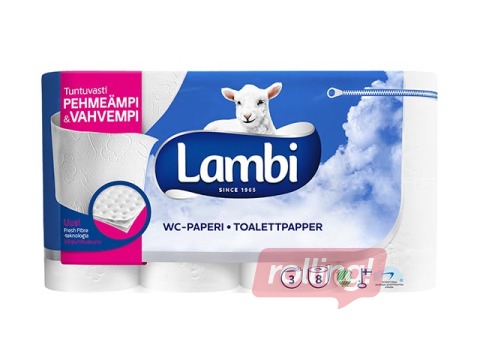 Tualetes papīrs Lambi, 8 ruļļi, 3 slāņi, balts