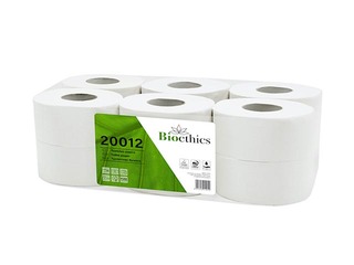 Tualetes papīrs Bioethics 200m, 12 ruļļi, 2-kārt., Ø19.5, balts