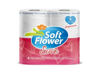 Tualetes papīrs Love Soft Flower parfimēts, 3 slāņi, balts, 4 ruļļi