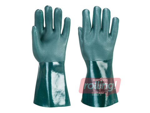 Cimdi darbam ar ķimikālijām Double Dipped PVC Gauntlet, L izmērs, 35cm garums, zaļi