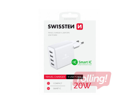 Swissten Smart IC Premium Tīkla Lādētājs USB 4 x USB 4A / 20W Ar Automātisku Strāvas Stipruma Identifikāciju