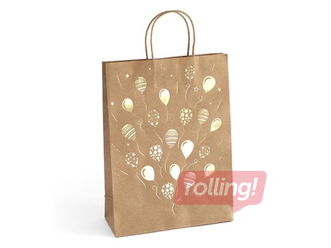 Paper bag with handles, 24 x 10 x 33 cm, brown with gold balloons, 5 pcs