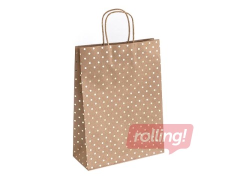 Papīra maisiņš ar rokturiem, 20 x 10 x 25 cm, brūns ar zelta punktiņiem, 5 gab