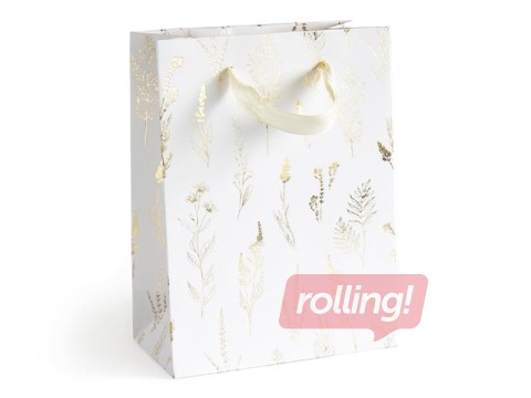 Papīra maisiņš ar rokturiem, 15 x 8 x 20 cm, balts ar zelta motīvu, 5 gab.