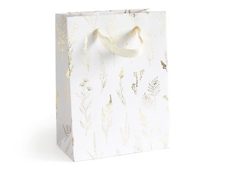 Papīra maisiņš ar rokturiem, 15 x 8 x 20 cm, balts ar zelta motīvu, 5 gab.