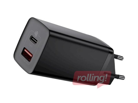 Adapteris Baseus, GaN2, USB-A + Type C, 65W, melns