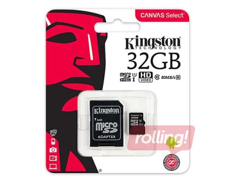 Kingston Canvas Select Plus UHS-I 32 GB, MicroSDXC, Flash memory class 10, SD Adapter