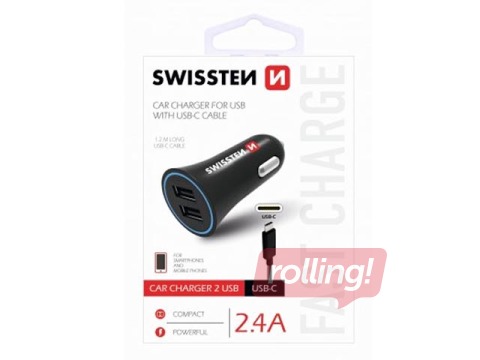 Swissten Premium Auto Lādētājs 12 / 24V / 1A + 2.1A + USB-C Datu Kabelis 100 cm, Melns