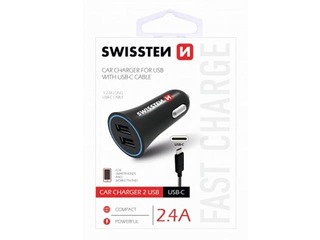 Swissten Premium Auto Lādētājs 12 / 24V / 1A + 2.1A + USB-C Datu Kabelis 100 cm, Melns