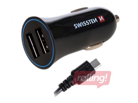 Auto lādētājs Swissten Premium USB + USB, ar vadu, 1.5m, melns