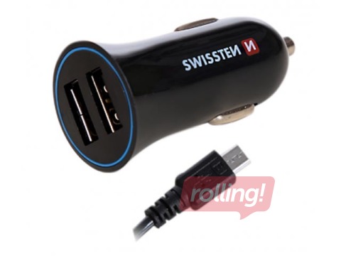 Swissten Premium Auto Lādētājs 12 / 24V / 1A + 2.1A un Micro USB vads 1.5m, Melns