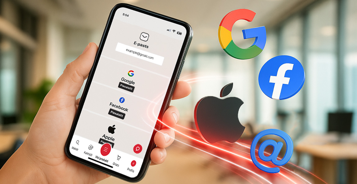 Autorizācija rolling.lv, izmantojot e-pastu, Facebook, Google vai Apple kontus 