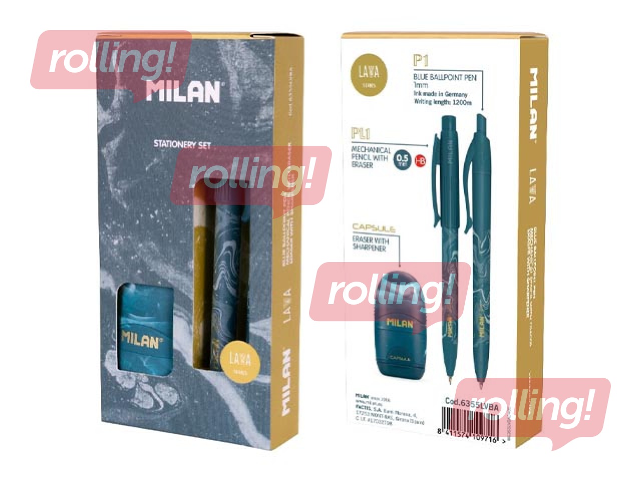Lodīšu pildspalvas, mehāniskā zīmuļa un dzēšgumijas komplekts Milan, Lava, zila