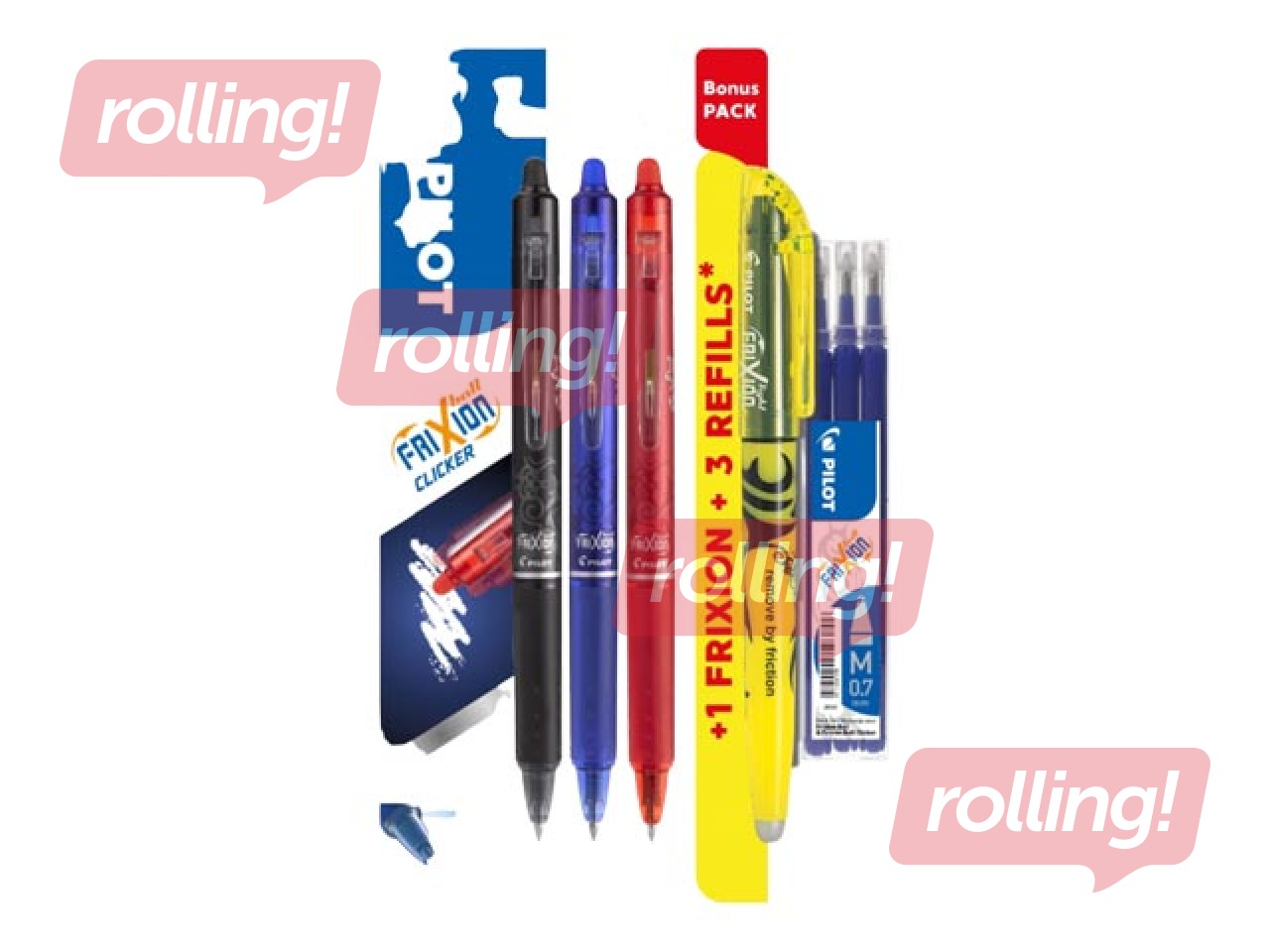 Komplekts: Pilot Frixion pildspalvas rolleri + marķieris + serdeņi, dzēšami, 0.7mm 