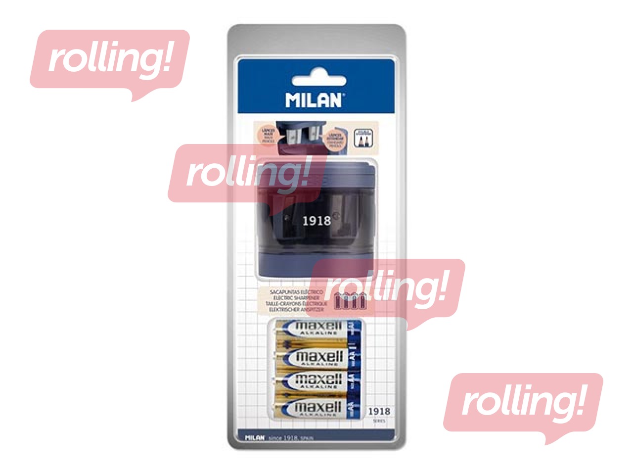 Zīmuļu asinātājs dubultais ar konteineru, elektriskais ar baterijām, Milan 1918, zils