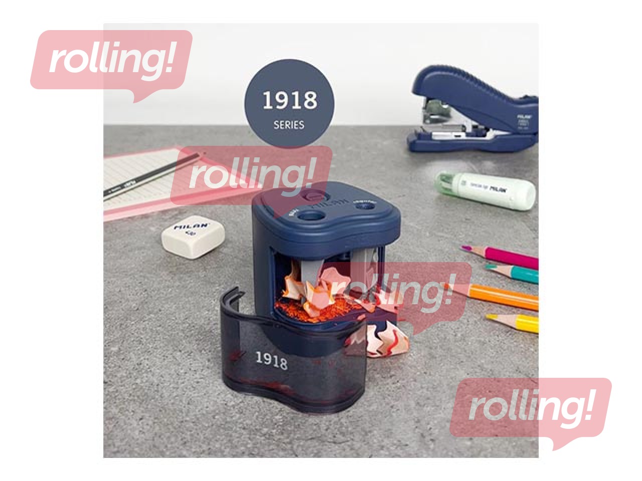 Zīmuļu asinātājs dubultais ar konteineru, elektriskais ar baterijām, Milan 1918, zils