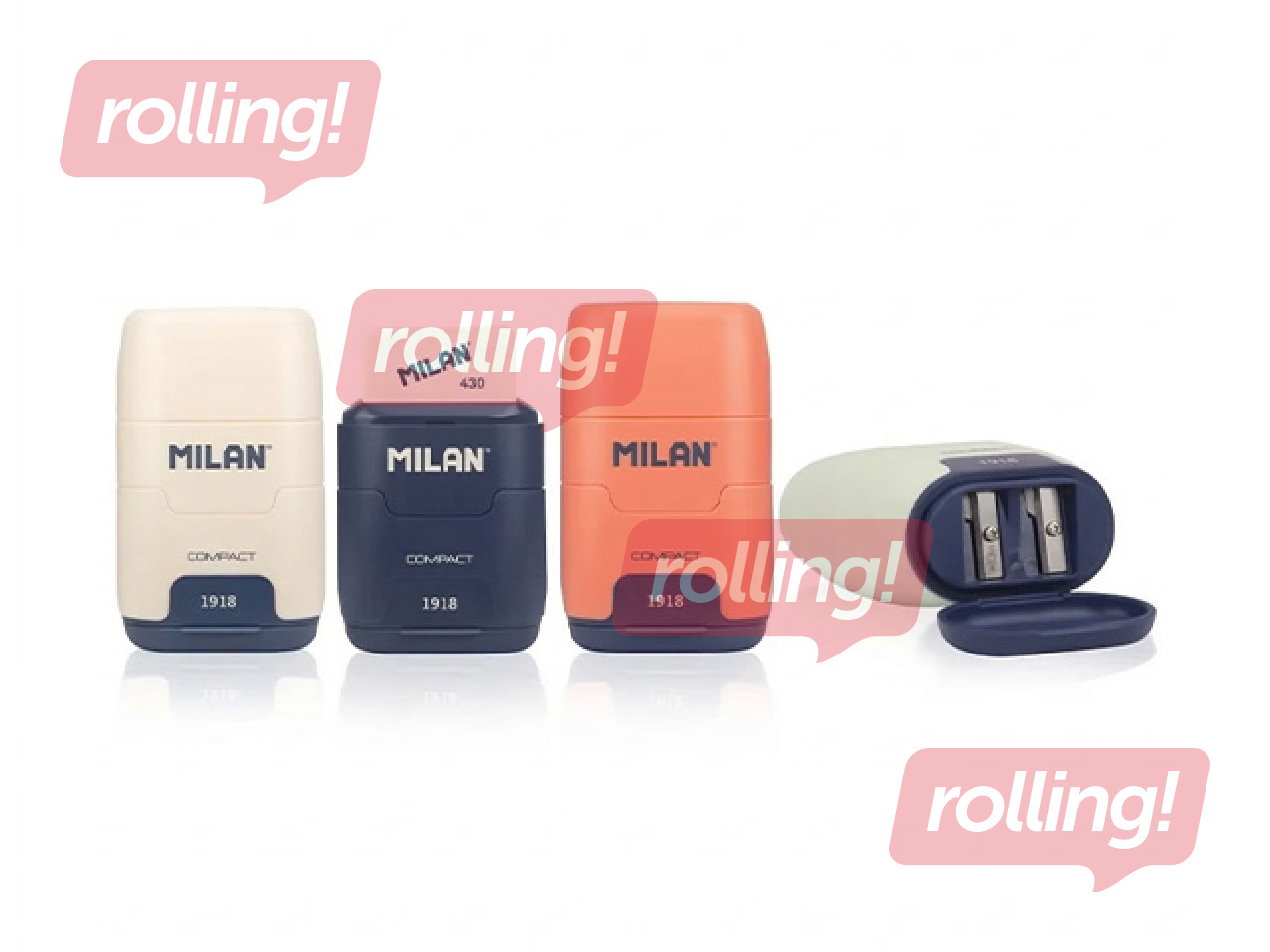 Zīmuļu asinātājs dubultais ar dzēšgumiju Milan Compact 430, 1918, dažādas krāsas, 1 gab.