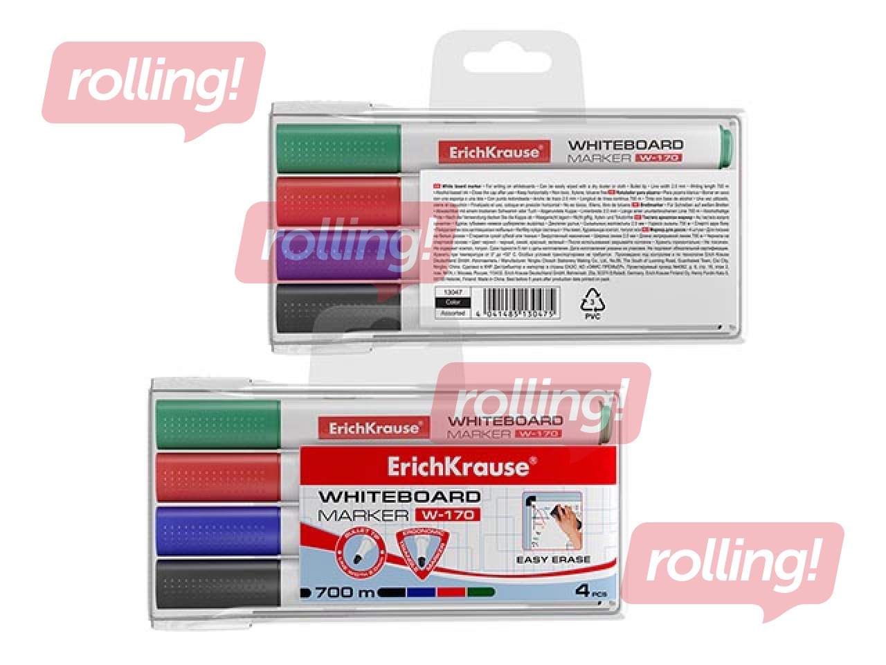 Marķieru komplekts baltajai tāfelei, ErichKrause W-170, trīsstūrveida forma, apaļš, 4 krāsas