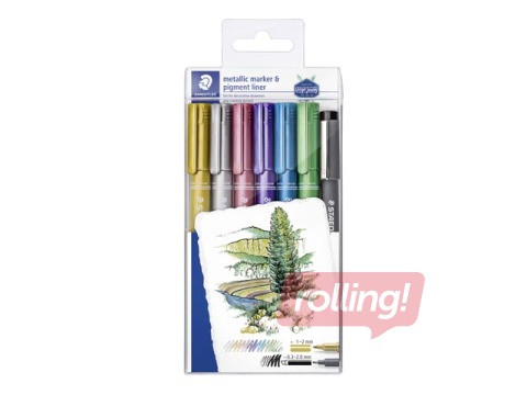 Маркеры Staedtler, 8323 металлик, 6 цветов и черный пигментный фломастер