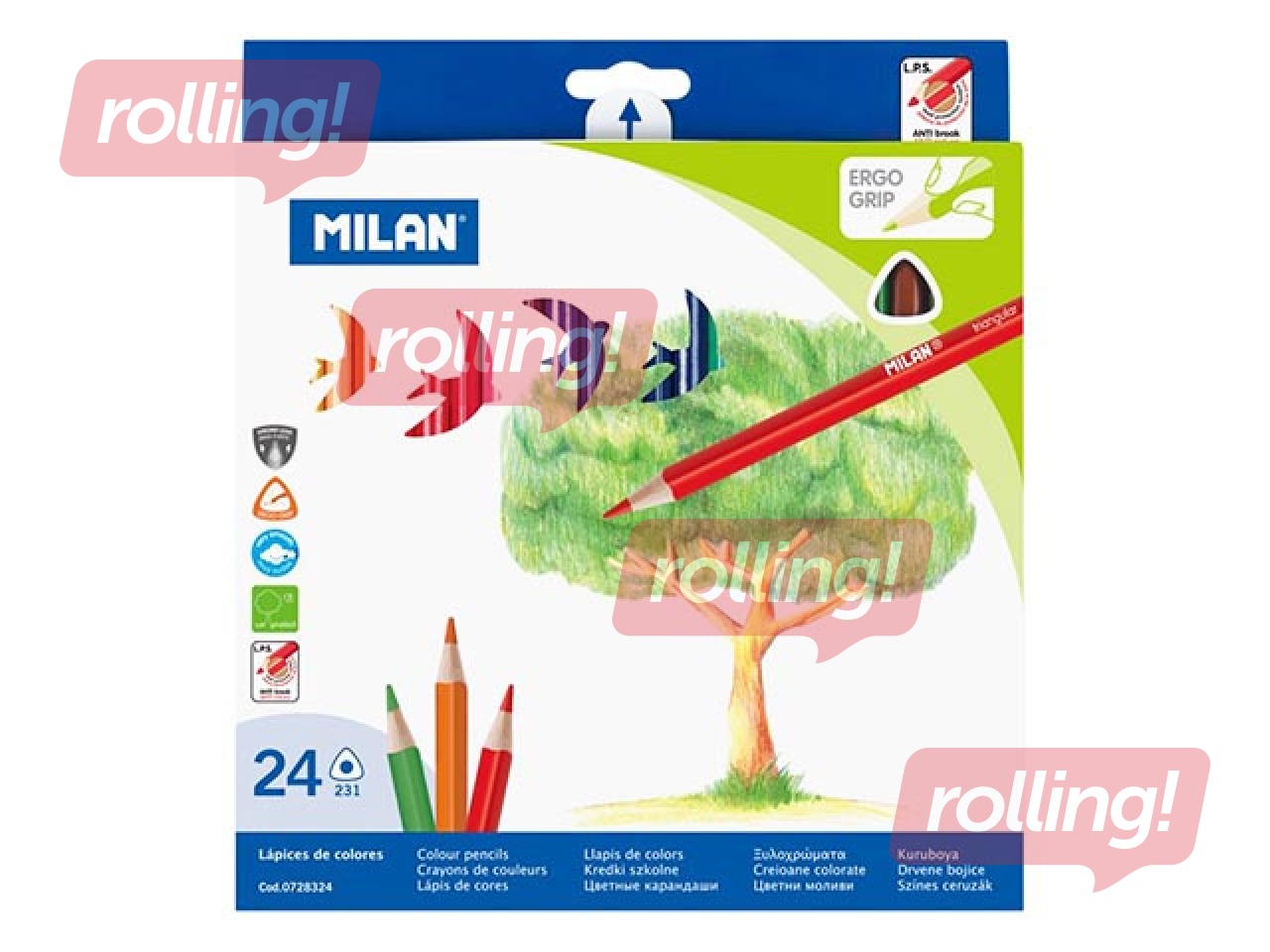 Krāsainie zīmuļi MILAN, trīsstūraini, 24 krāsas