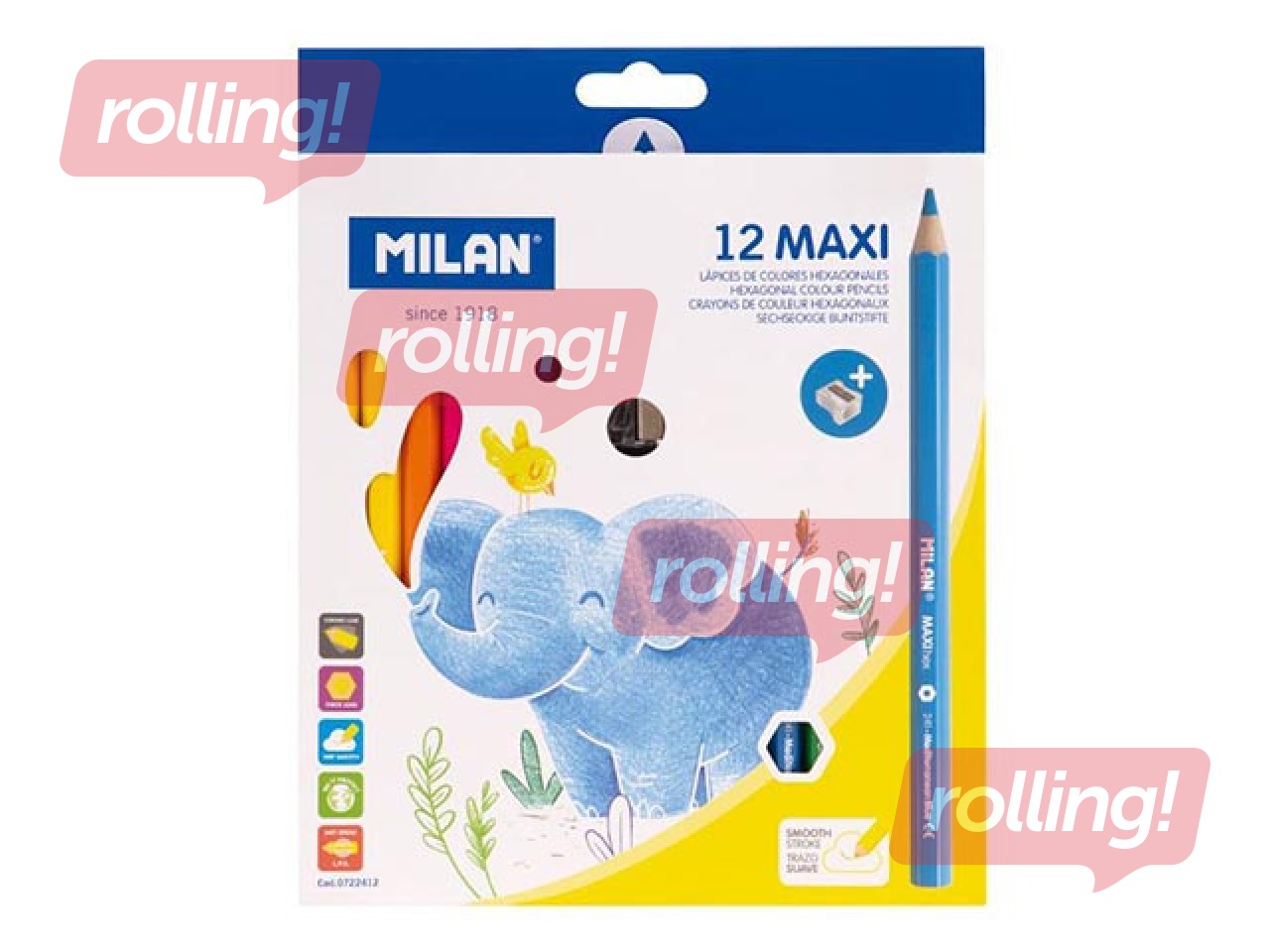 Krāsainie zīmuļi Milan Maxi, 12 krāsas, ar asinātāju