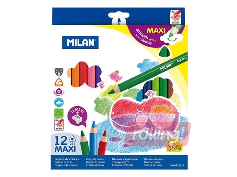 Krāsainie zīmuļi Milan Maxi lielie, trīsstūra, 12 krāsas, ar asinātāju