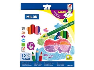 Krāsainie zīmuļi Milan Maxi lielie, trīsstūra, 12 krāsas, ar asinātāju