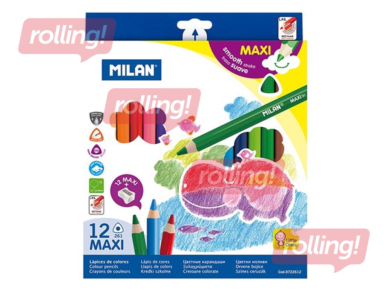 Krāsainie zīmuļi Milan Maxi lielie, trīsstūra, 12 krāsas, ar asinātāju