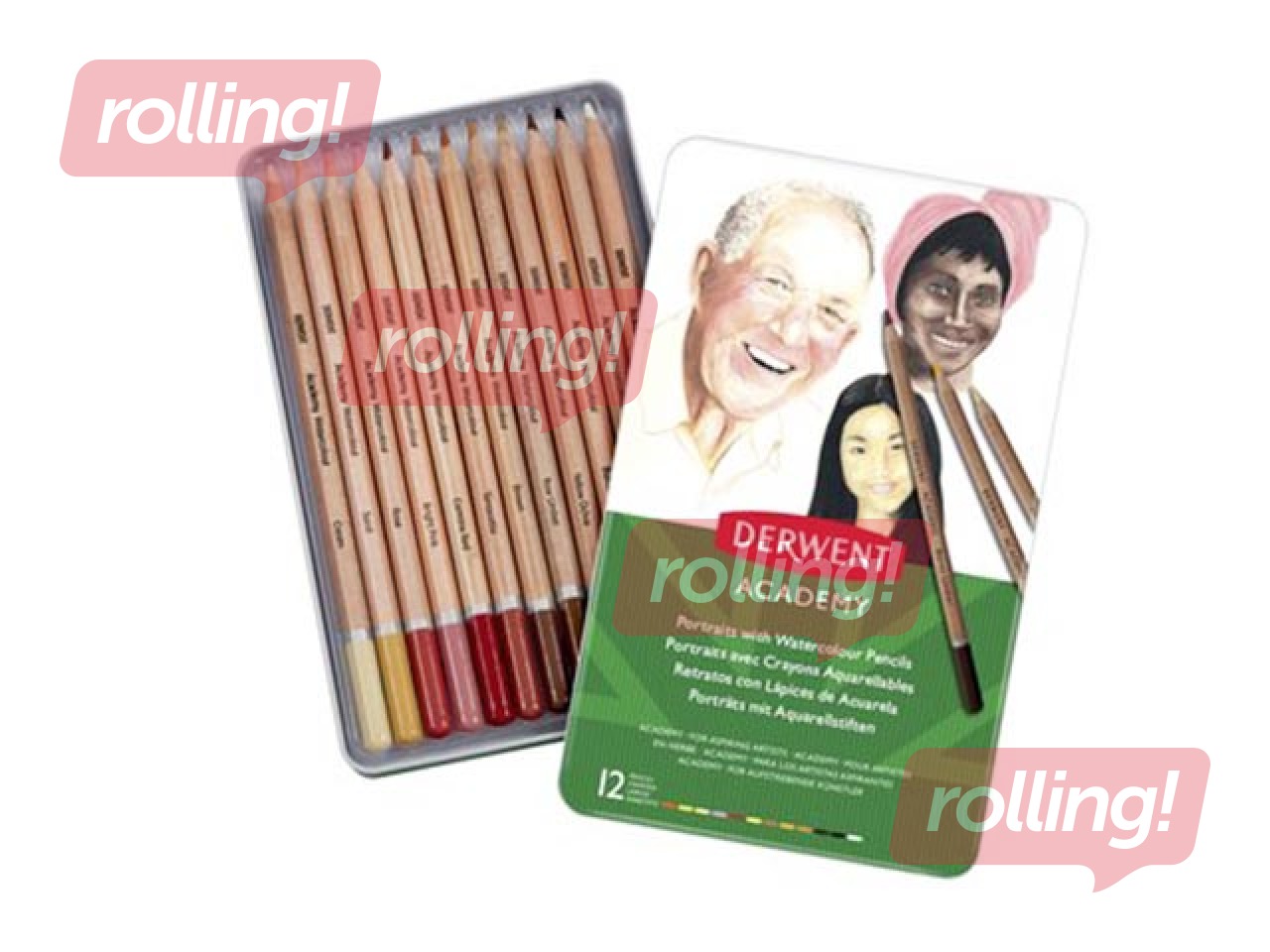 Krāsainie zīmuļi Derwent Academy, akvareļu, sejas toņi, metāla kastē, 12 krāsas
