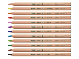 Krāsainie zīmuļi MILAN 12 krāsas, trīsstūra, Maxi, dabīga koka