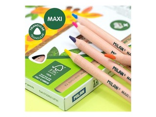 Krāsainie zīmuļi MILAN 12 krāsas, trīsstūra, Maxi, dabīga koka