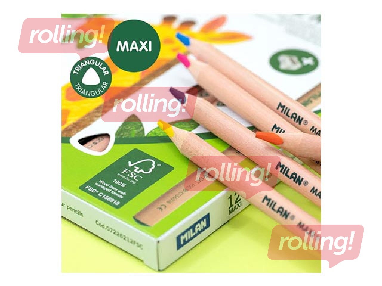 Krāsainie zīmuļi MILAN 12 krāsas, trīsstūra, Maxi, dabīga koka