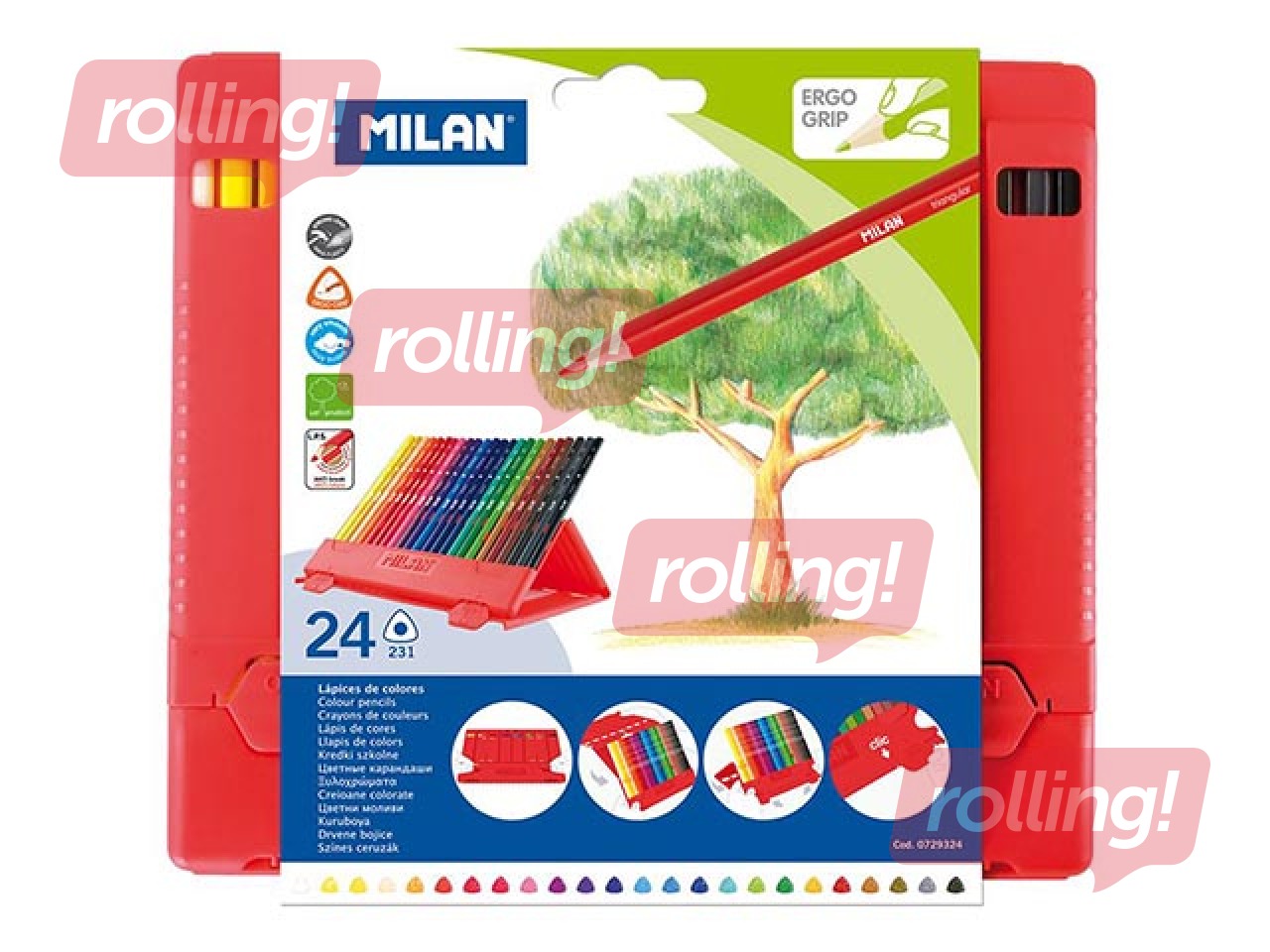 Krāsainie zīmuļi Milan, trīsstūra, 24 krāsas, plastmasas kastītē