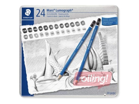 Zīmuļu komplekts Staedtler Lumograph 100, metāla kastē, 24 gab.