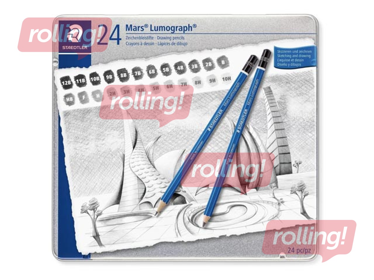 Zīmuļu komplekts Staedtler Lumograph 100, metāla kastē, 24 gab.