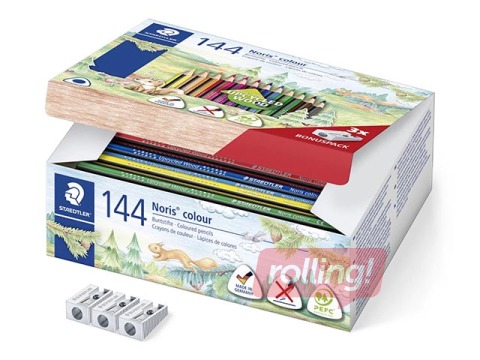 Krāsainie zīmuļi Staedtler 187, kastē 144 zīmuļi un 3 zīmuļu asinātāji